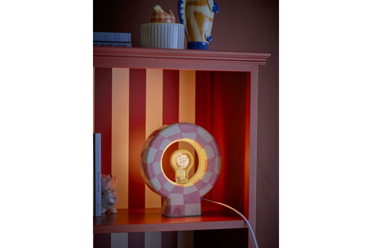 Luxusbetten24 Halligalli Tischlampe, Kariert Aus Steingut, Rosa/Gelb