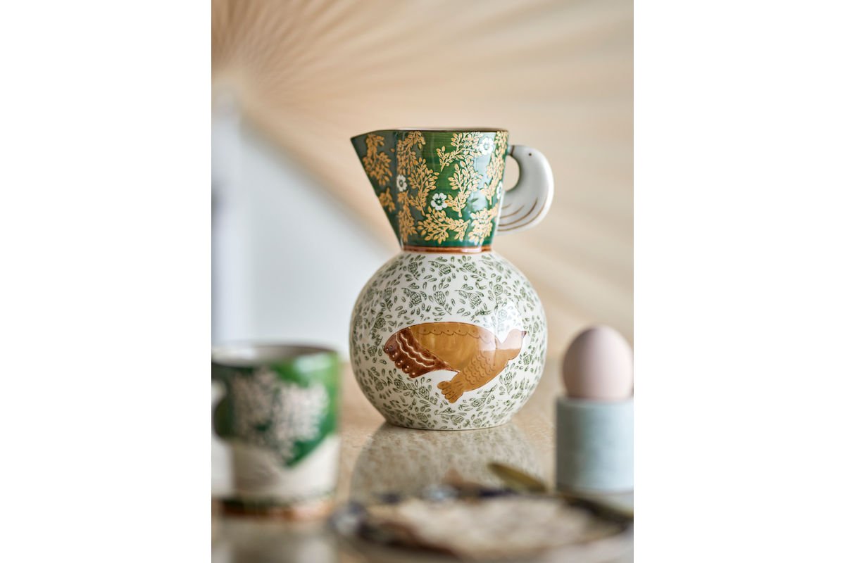 Krug Florin Handbemalter Keramikkrug mit Blumenmotiv, Dekorativ, Grün
