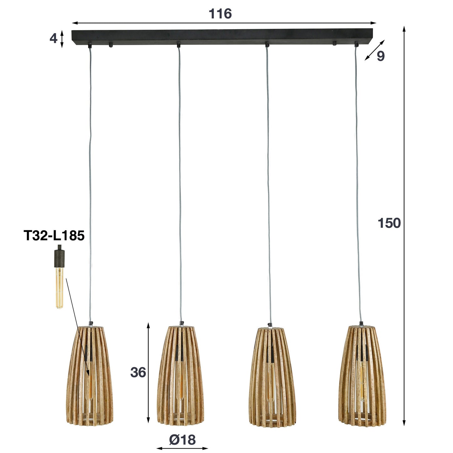 Pendelleuchte Orenda – 4 Leuchten mit Lampenschirmen aus Mangoholz