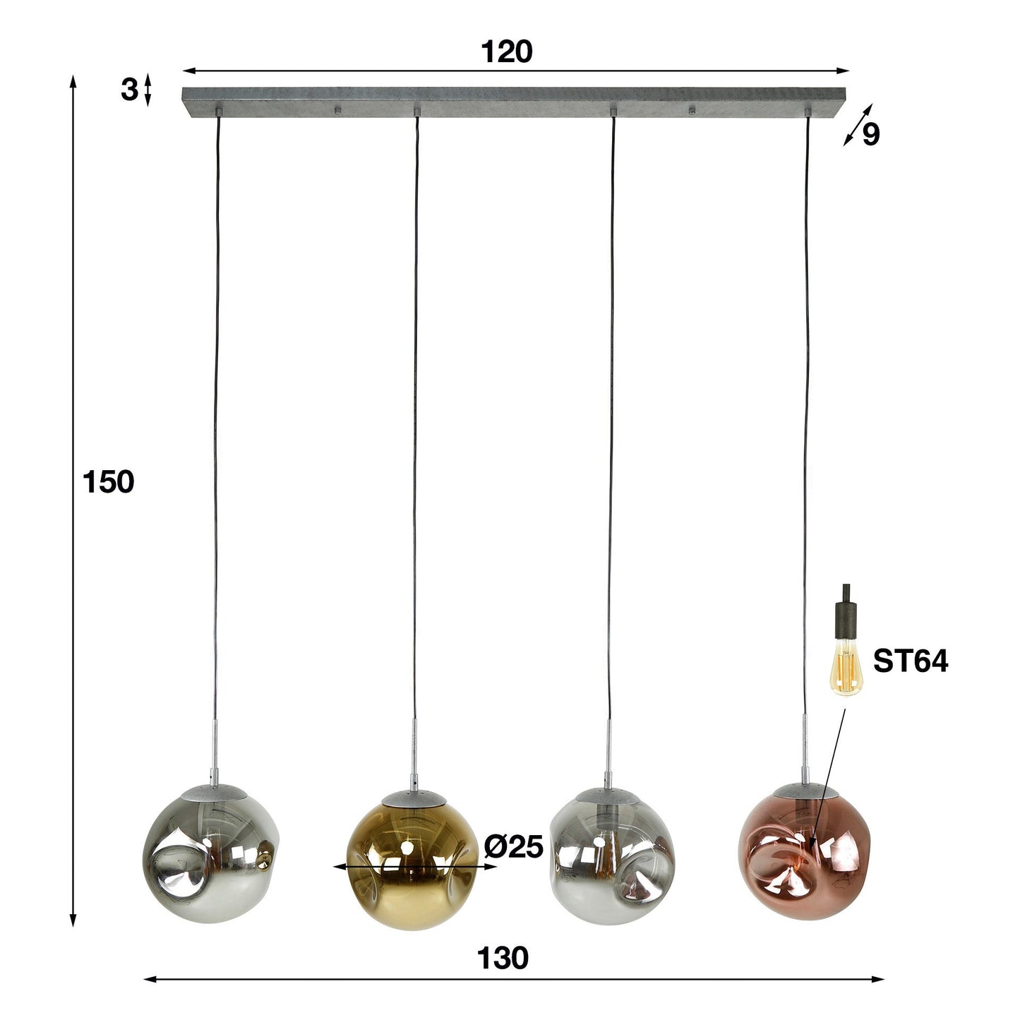 Virelli Pendelleuchte – 4 Leuchten in Metall-Farbkombination Gold, Kupfer und Chrom