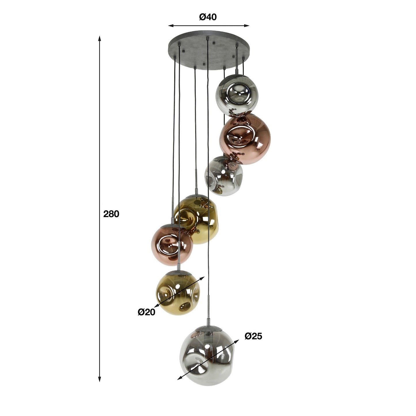 Elaris Pendelleuchte – 7‑teilige Metall‑Farbkombination in Gold, Kupfer und Chrom