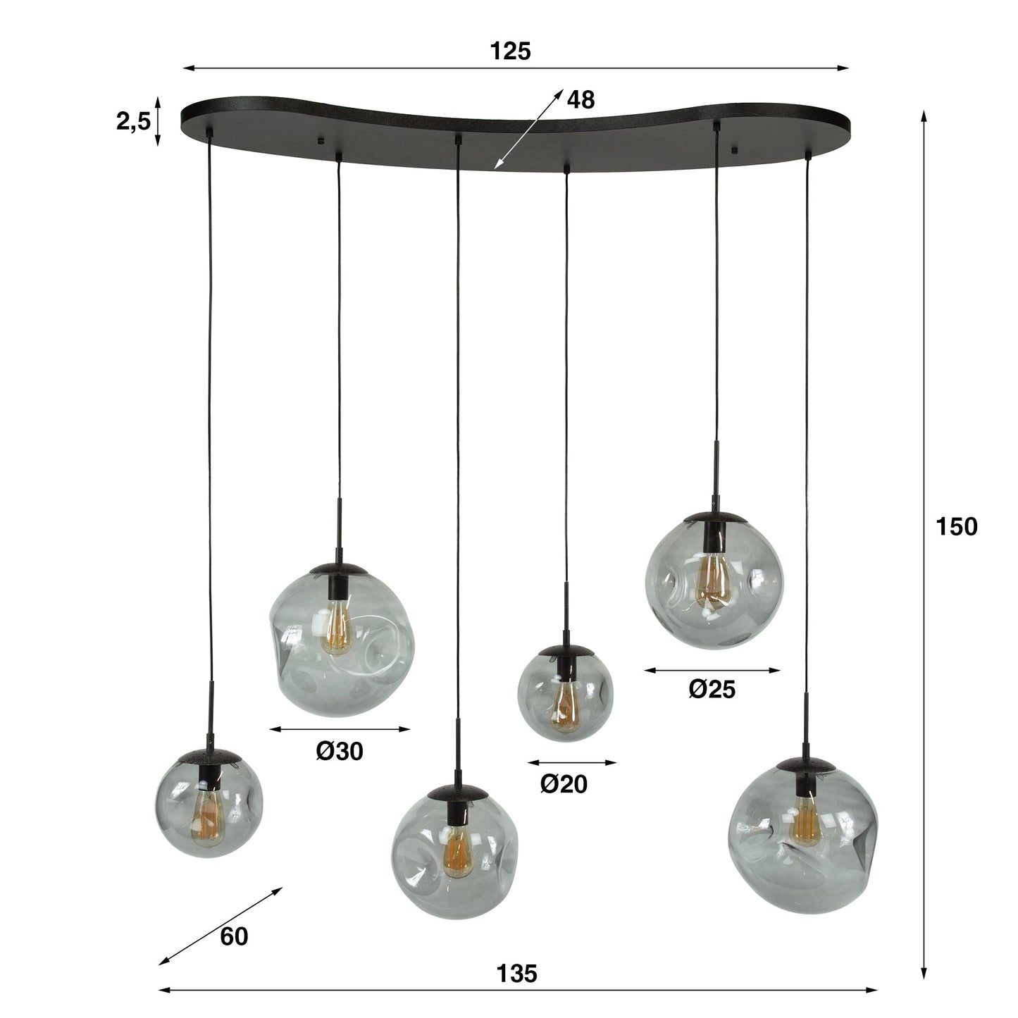 Pendelleuchte Zephyra – 6 Rauchglas Leuchten mit organischem Deckensockel