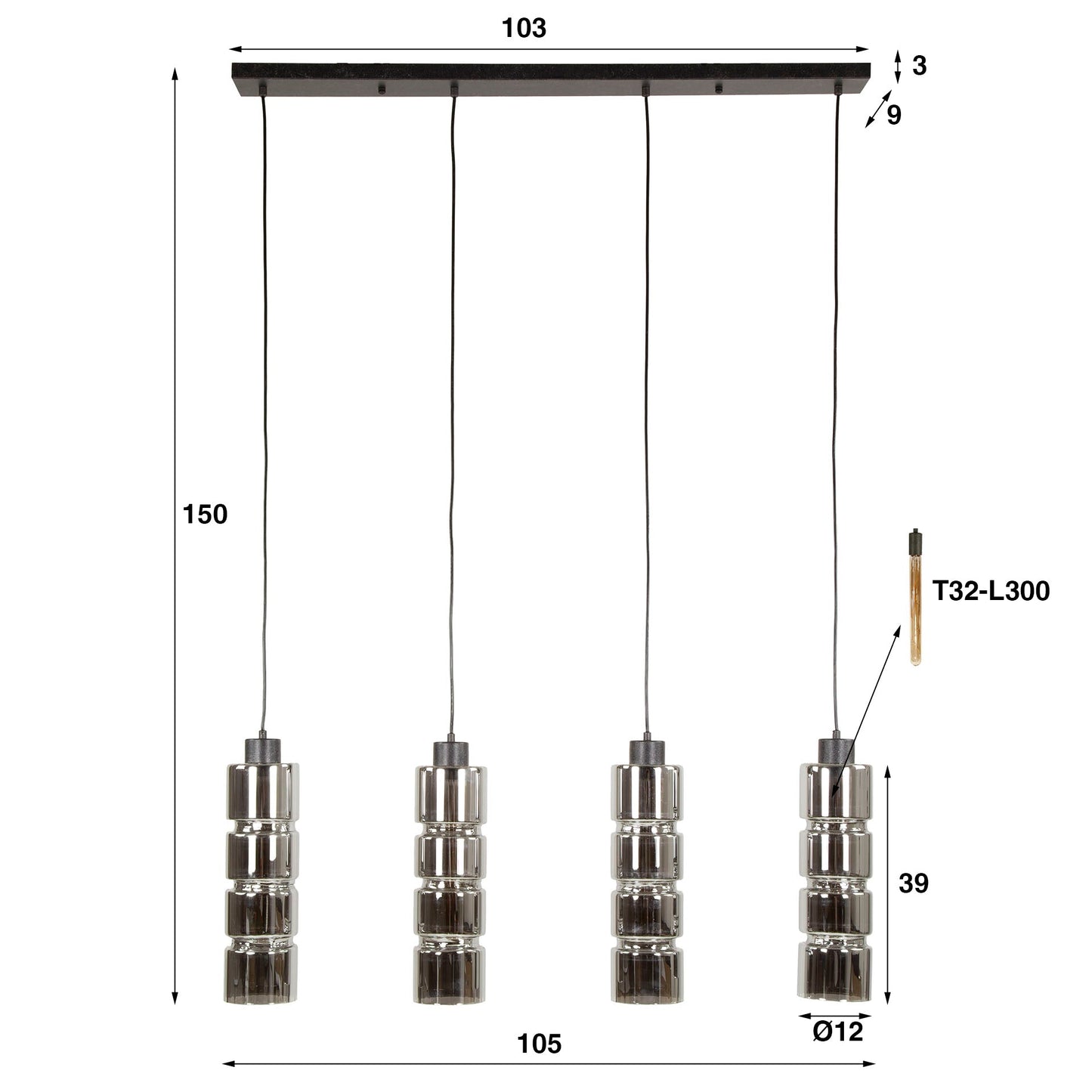 Navaro Pendelleuchte – 4 Verchromte Glaslampen in Zylinder-Form