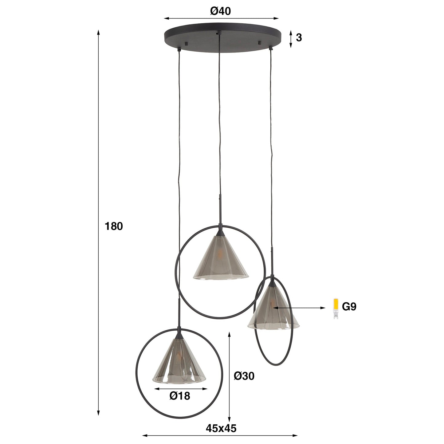 Luxusbetten24 Murielle Pendelleuchte Rauchglas Gestuft 3-Leuchten Loop Modern