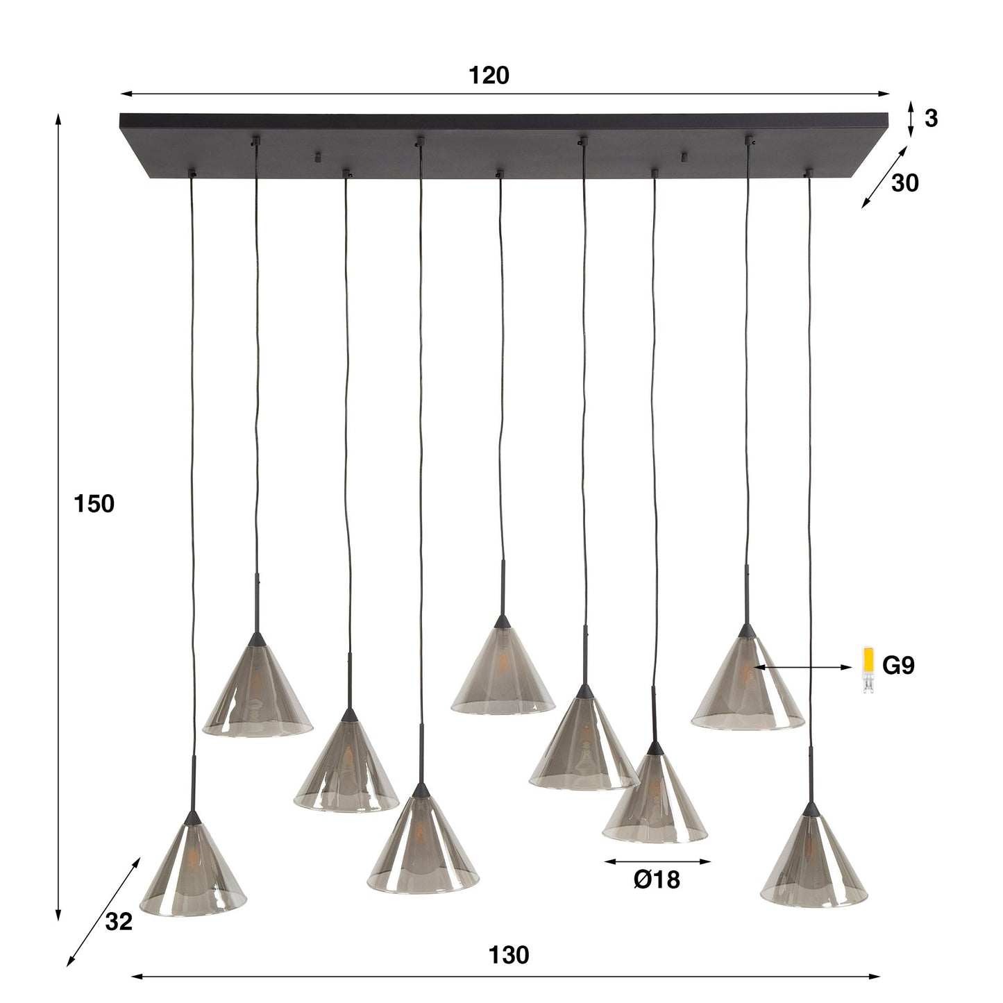 Elunara Pendelleuchte Konisches Rauchglas 9‑Leuchten 150 cm Höhenverstellbar