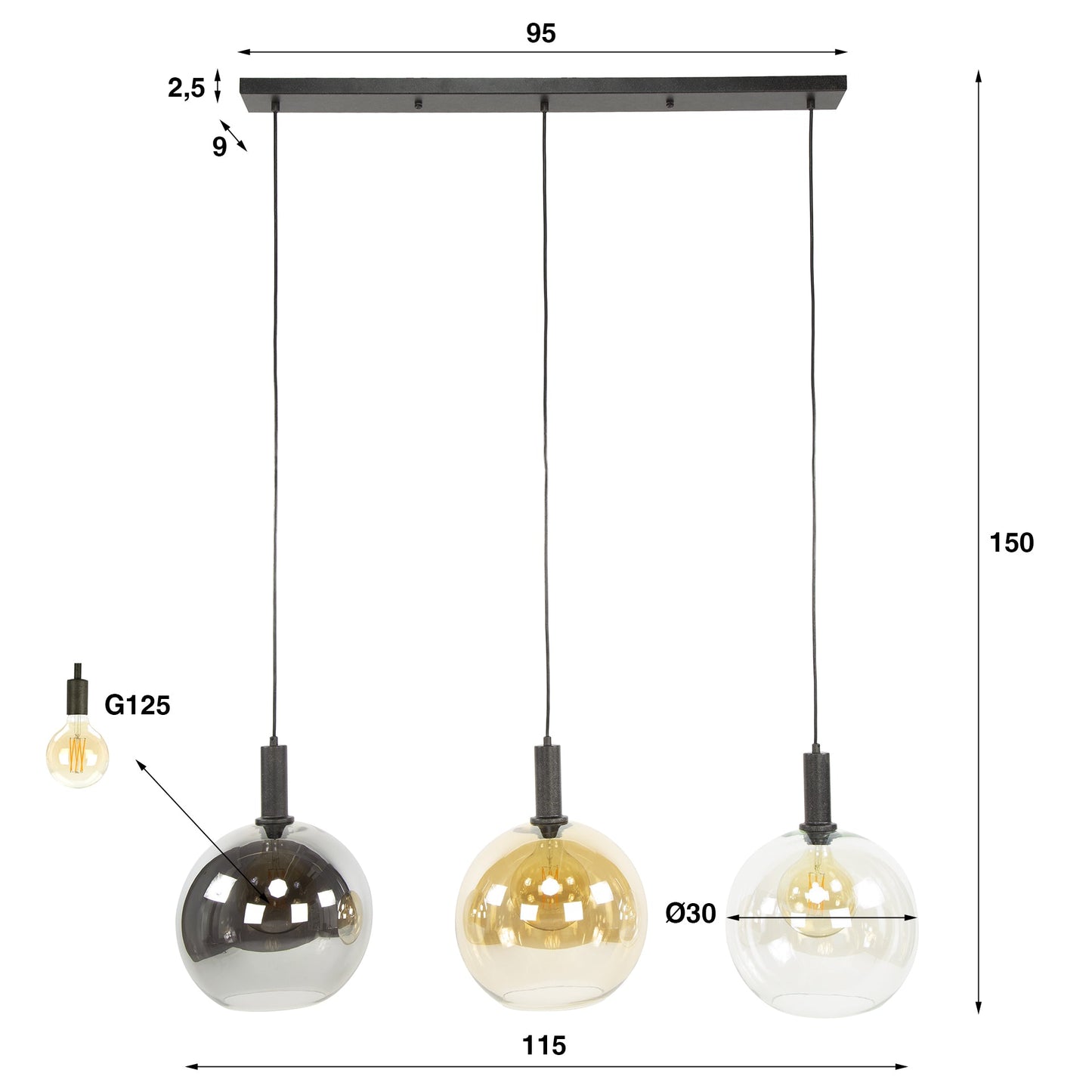 Seralis Pendelleuchte – 3 Glas-Schirme Chrom, Bernstein, Transparent