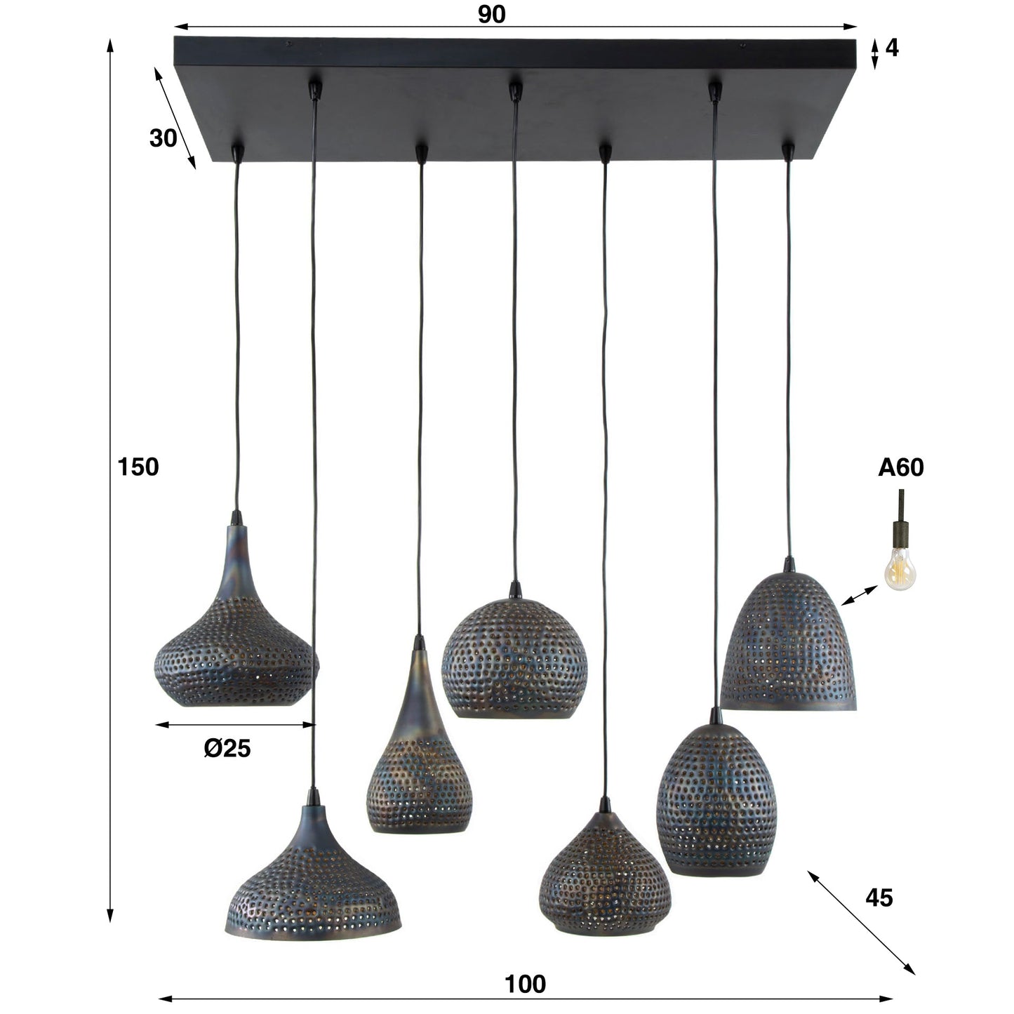 Pendelleuchte Lioris – Mit 7 Individuellen Lampenschirmen Aus Metall In Schwarz-Bronze