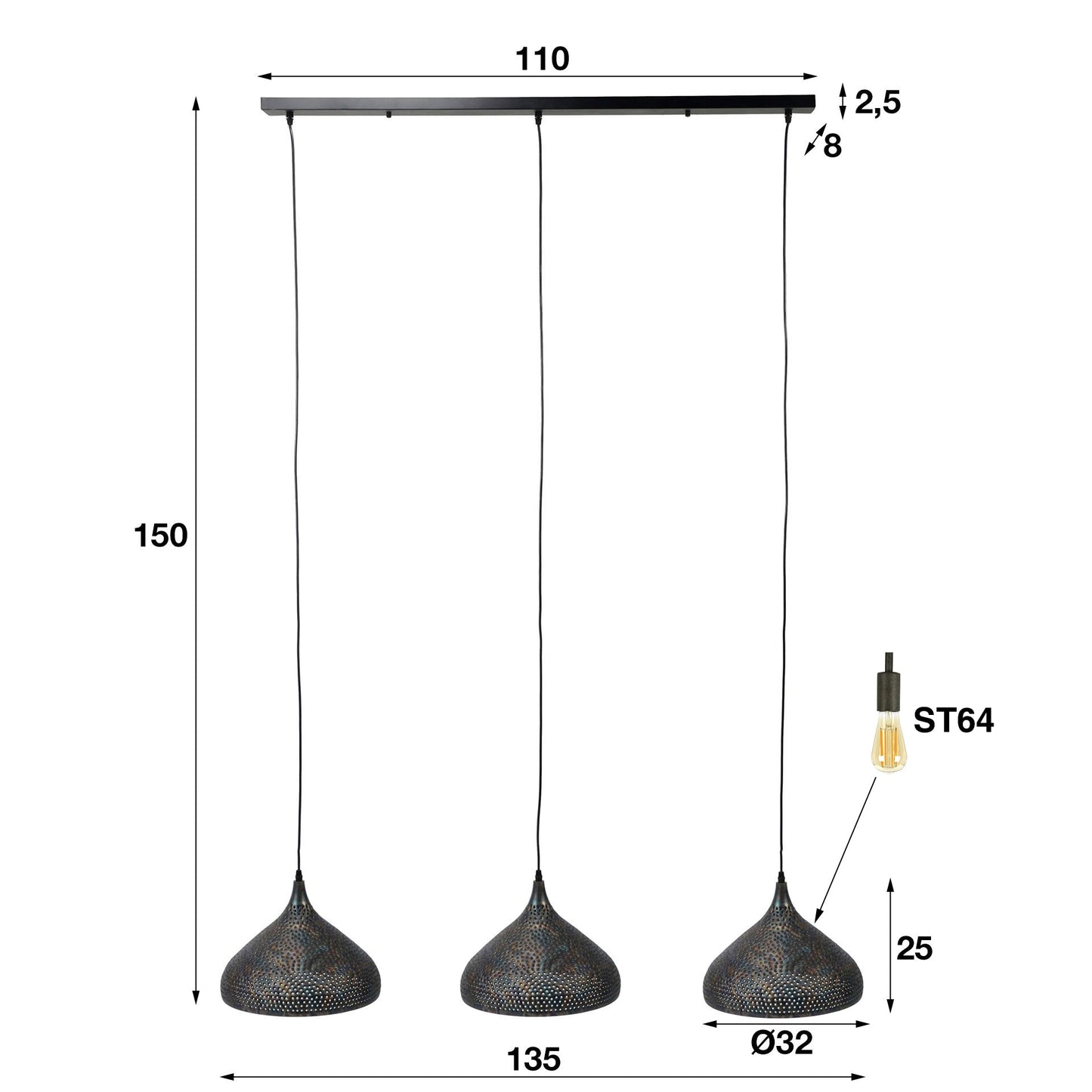 Luxusbetten24 Auron Pendelleuchte 3 Perforierte Metalllampenschirme, Schwarz Bronze