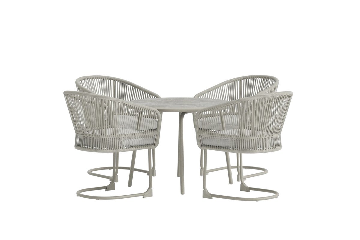 Garten Loungeset Taila – mit Rundem Esstisch und 4 Stühlen in Beige & Hellgrau