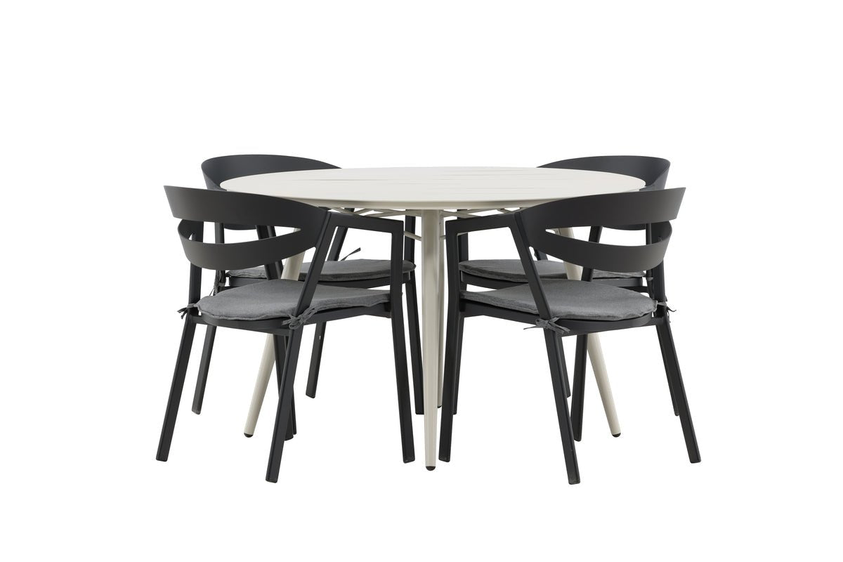 Mivano Garten Essgruppe 5‑Teiliges Set mit Rundem Tisch, Beige/Schwarz