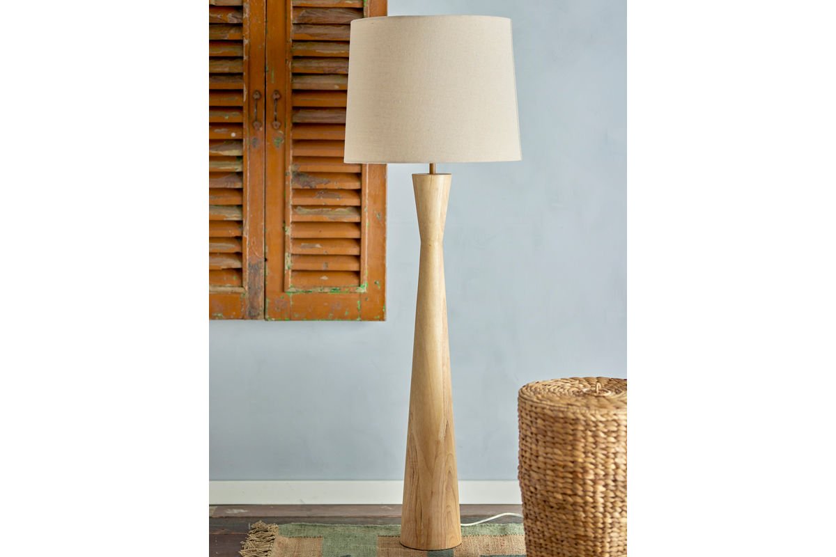 Luxusbetten24 Calen Stehlampe – Gummibaumholz mit Leinenschirm, Naturton