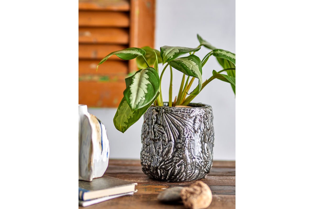 Blumentopf Nikki – Botanisches Muster, Dunkelgrauer Keramik Topf, Dekorativ