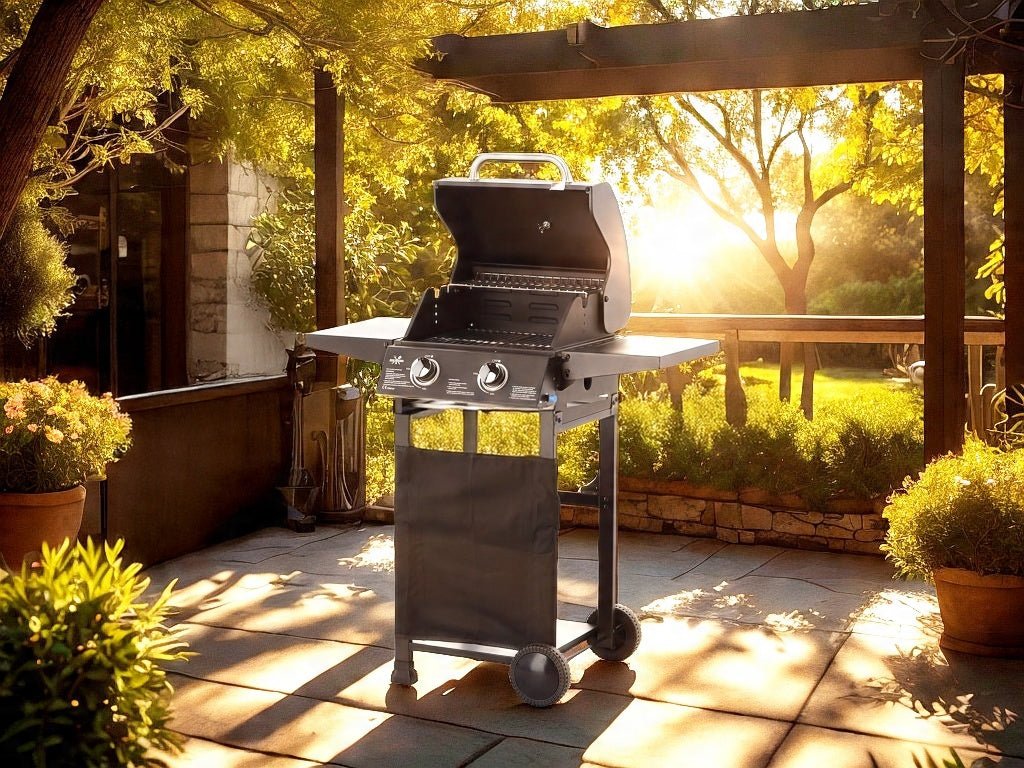 BarbecuePro Gas Grillwagen – Schwarz, 2‑Brenner, Thermometer, Klappbare Tische