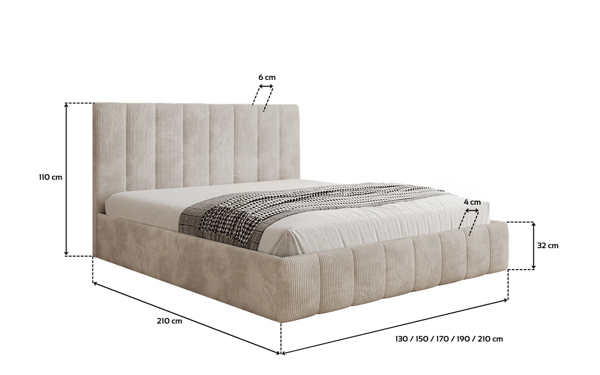 Designer Polsterbett Mila in Cord, 140×200 cm, Beige, 70 cm Kopfteil