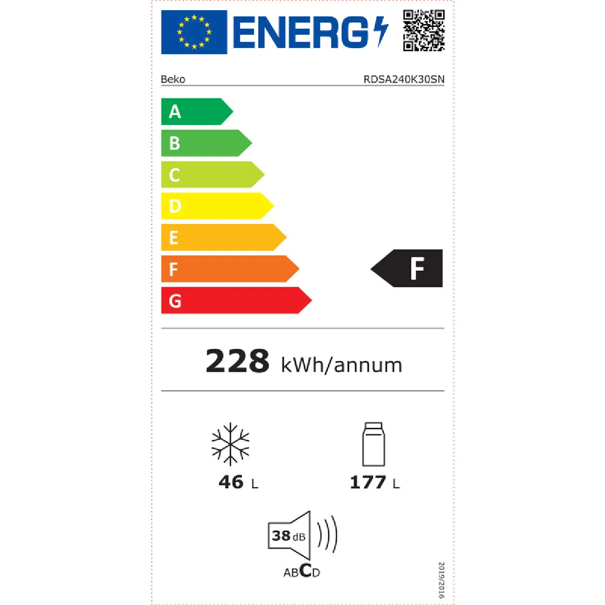 Beko RDSA240K30SN Refrigerador MinFrost de Dos Puertas Gris 38 dB