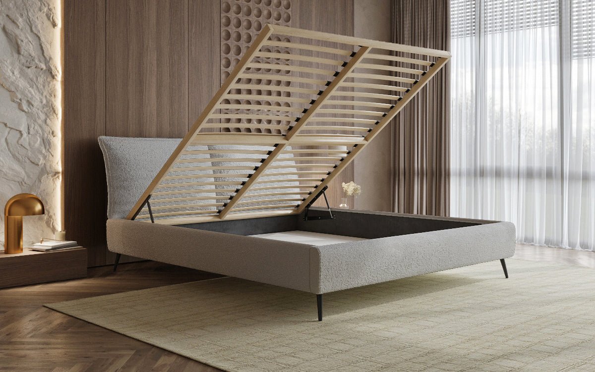 Luxusbetten24 Designer Polsterbett Zoe Bouclé – Stauraum, 140‑200 bis 180‑200