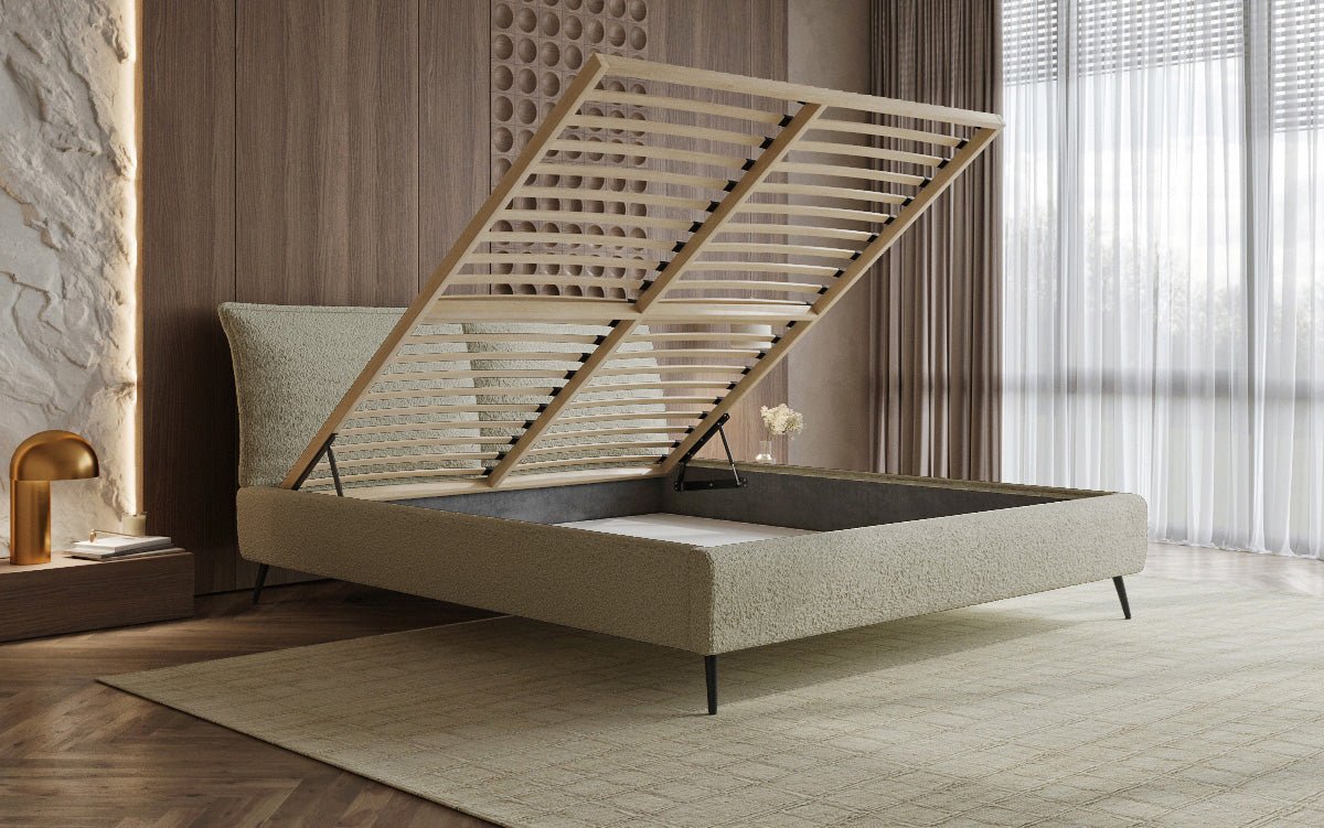 Luxusbetten24 Designer Polsterbett Zoe Bouclé – Stauraum, 140‑200 bis 180‑200