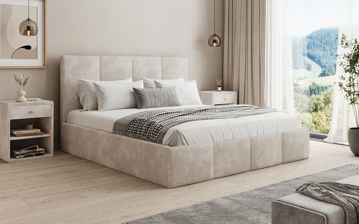 Mina Designer Polsterbett Cord – 140 × 200 cm, wählbare Kopfteilhöhe, Farben
