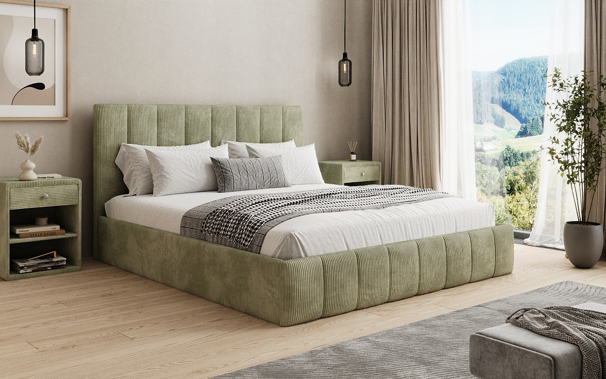 Designer Polsterbett Mila in Cord, 140×200 cm, Beige, 70 cm Kopfteil
