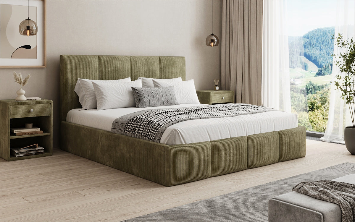 Mina Designer Polsterbett Cord – 140 × 200 cm, wählbare Kopfteilhöhe, Farben