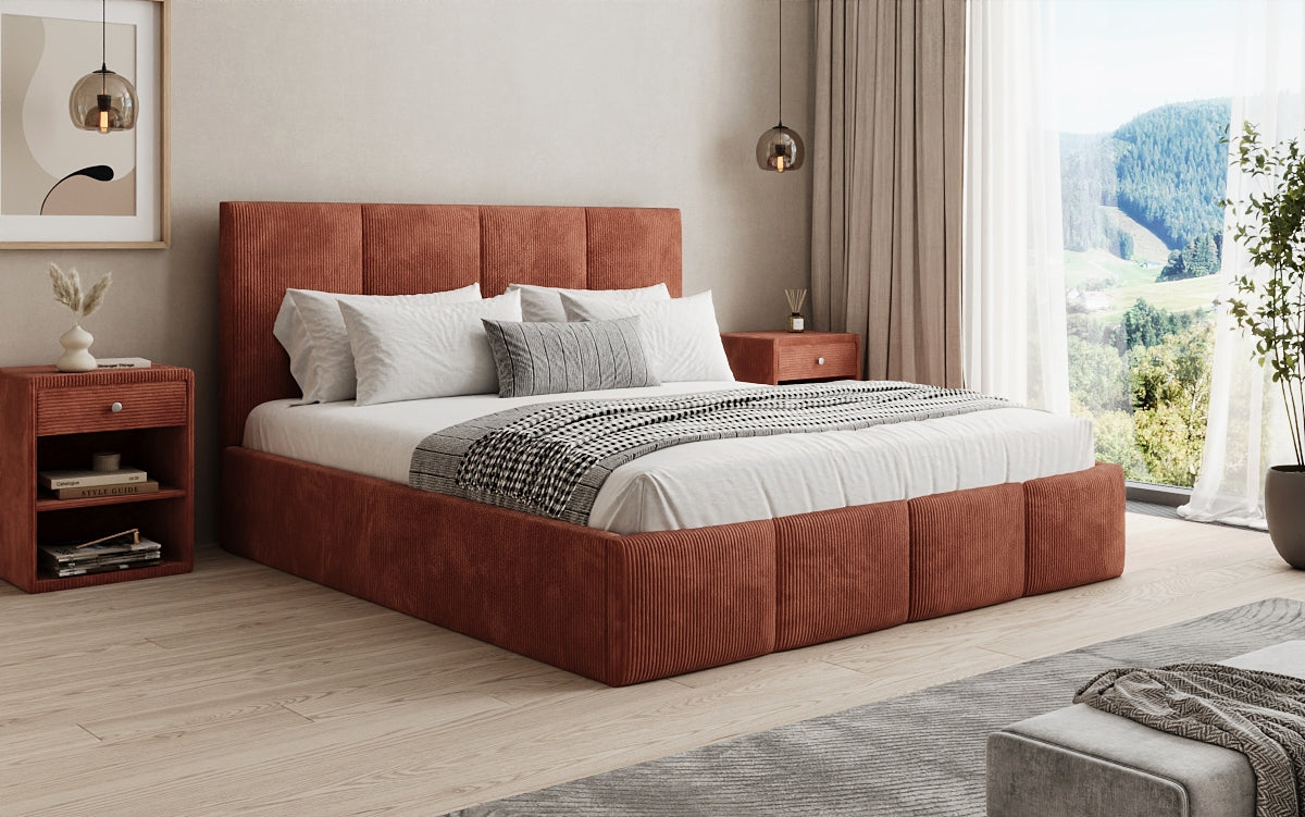 Mina Designer Polsterbett Cord – 140 × 200 cm, wählbare Kopfteilhöhe, Farben