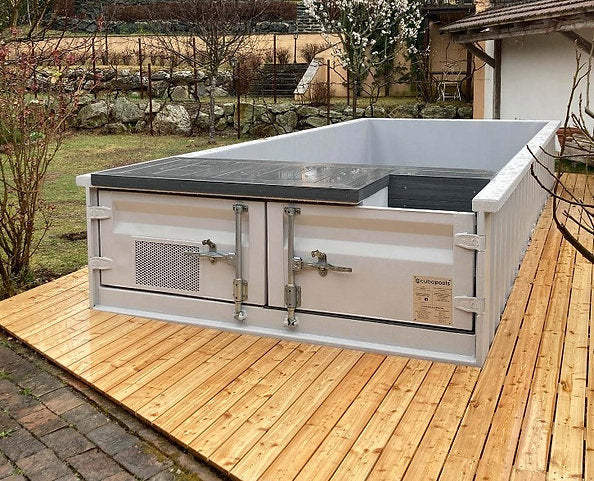 Großer Containerpool 6,2 m × 2,5 m Premium mit Wärmepumpe aus Holzverbundwerkstoff