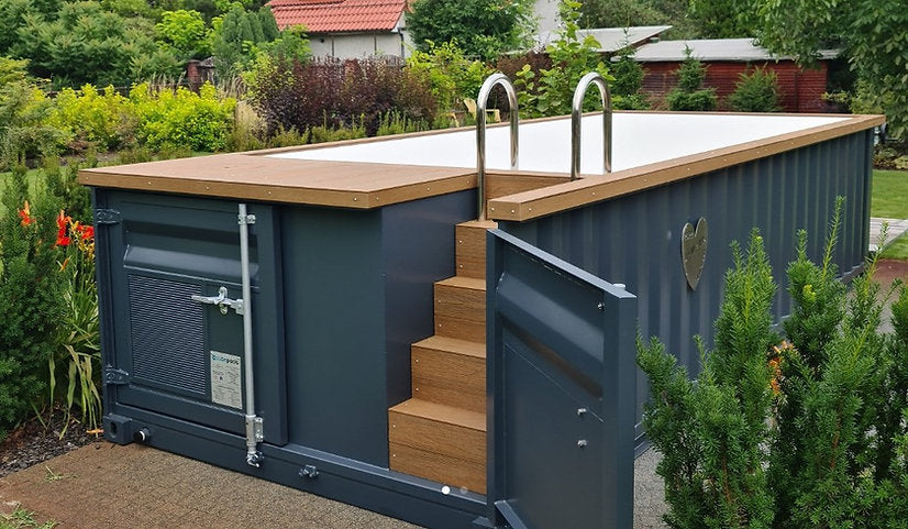 Großer Containerpool 6,2 m × 2,5 m Premium mit Wärmepumpe aus Holzverbundwerkstoff