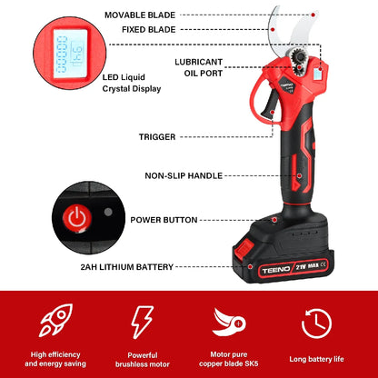 Teeno Cortasetos Eléctrico 30 mm Motor sin Escobillas con LCD 2×2000 mAh