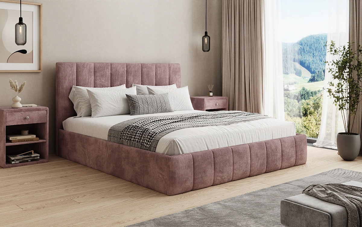 Designer Polsterbett Mila in Cord, 140×200 cm, Beige, 70 cm Kopfteil