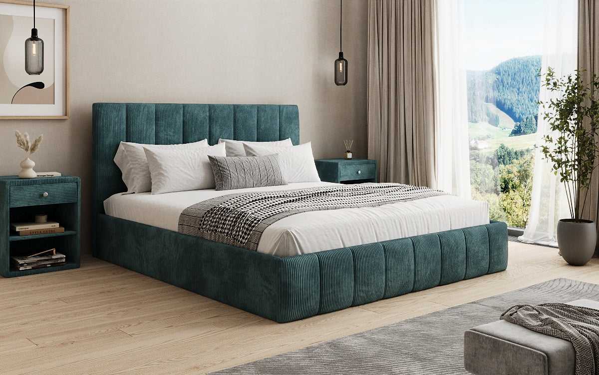 Designer Polsterbett Mila in Cord, 140×200 cm, Beige, 70 cm Kopfteil