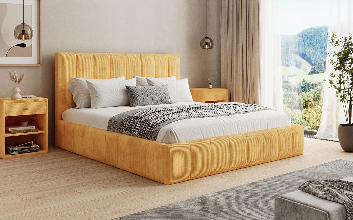 Designer Polsterbett Maja in Cord mit Stauraum