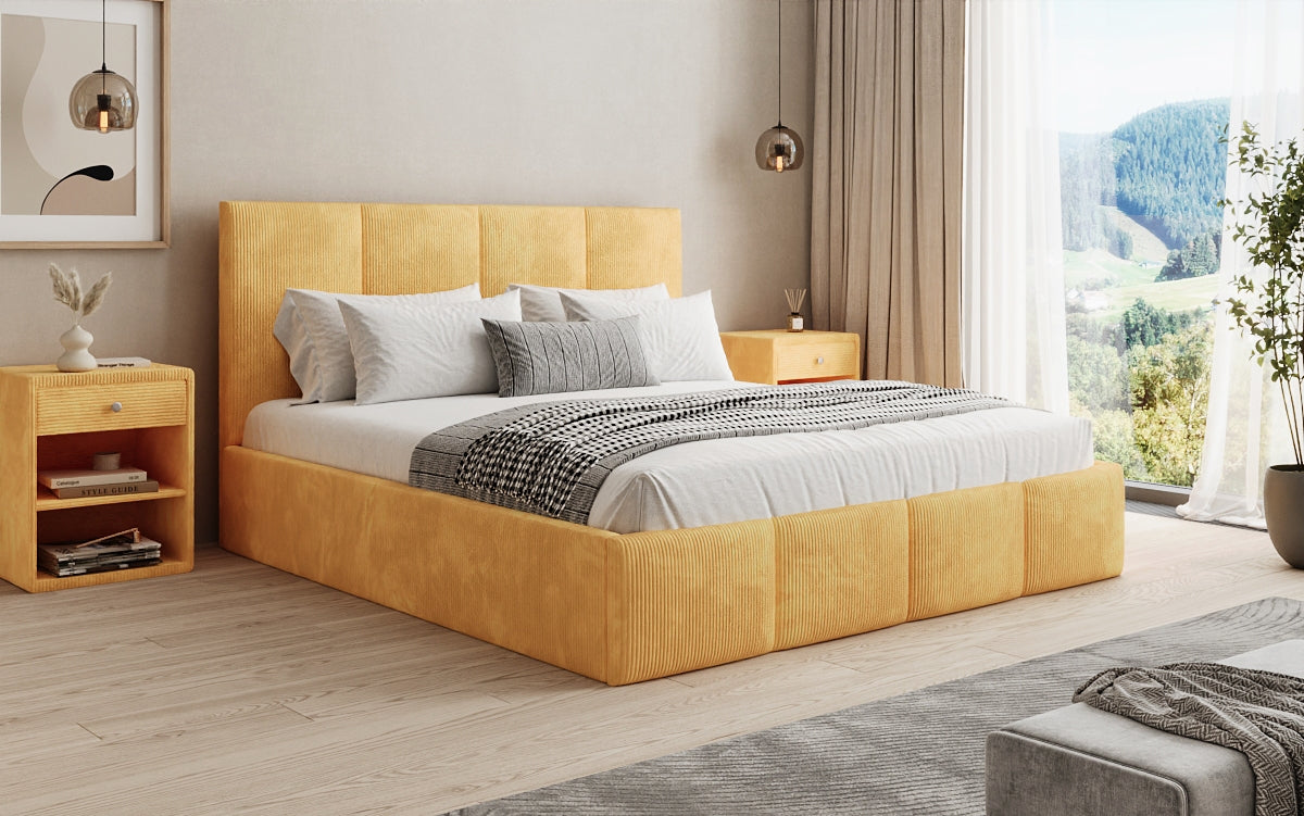 Mina Designer Polsterbett Cord – 140 × 200 cm, wählbare Kopfteilhöhe, Farben