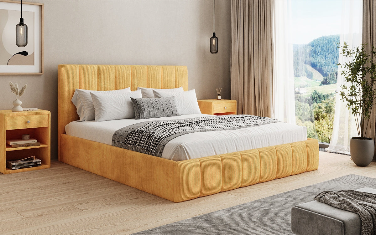 Designer Polsterbett Mila in Cord, 140×200 cm, Beige, 70 cm Kopfteil