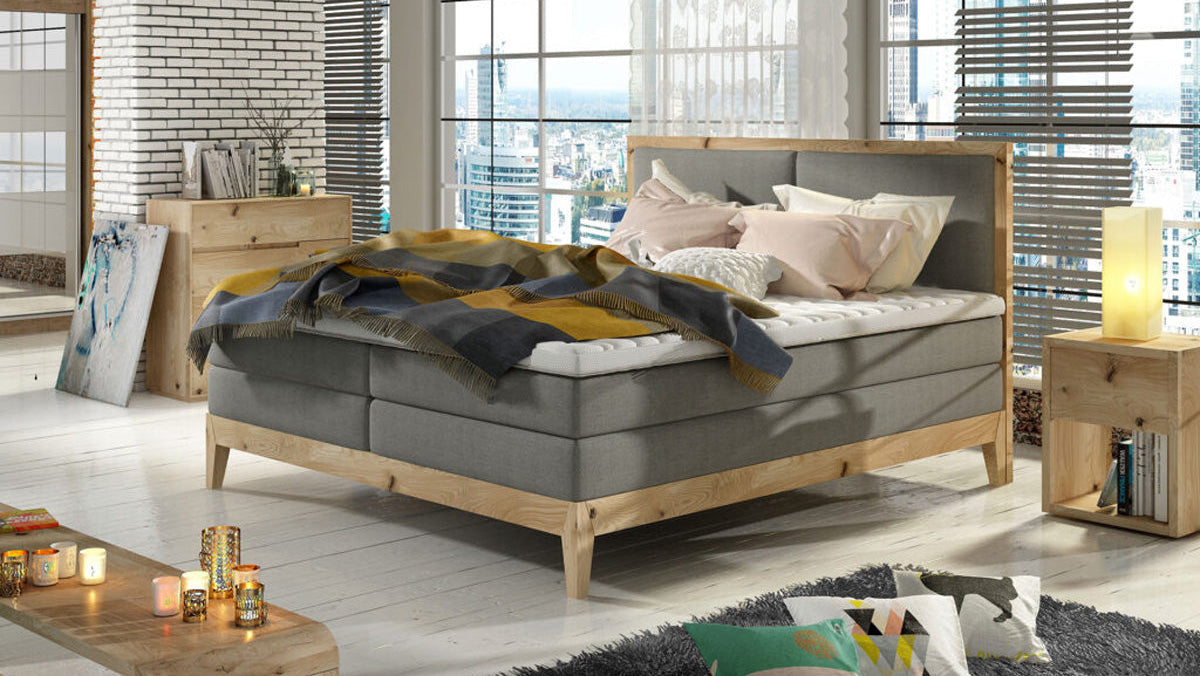 Luxusbetten24 Ida Boxspringbett aus Massiver Eiche, Grau, 140x200, H3