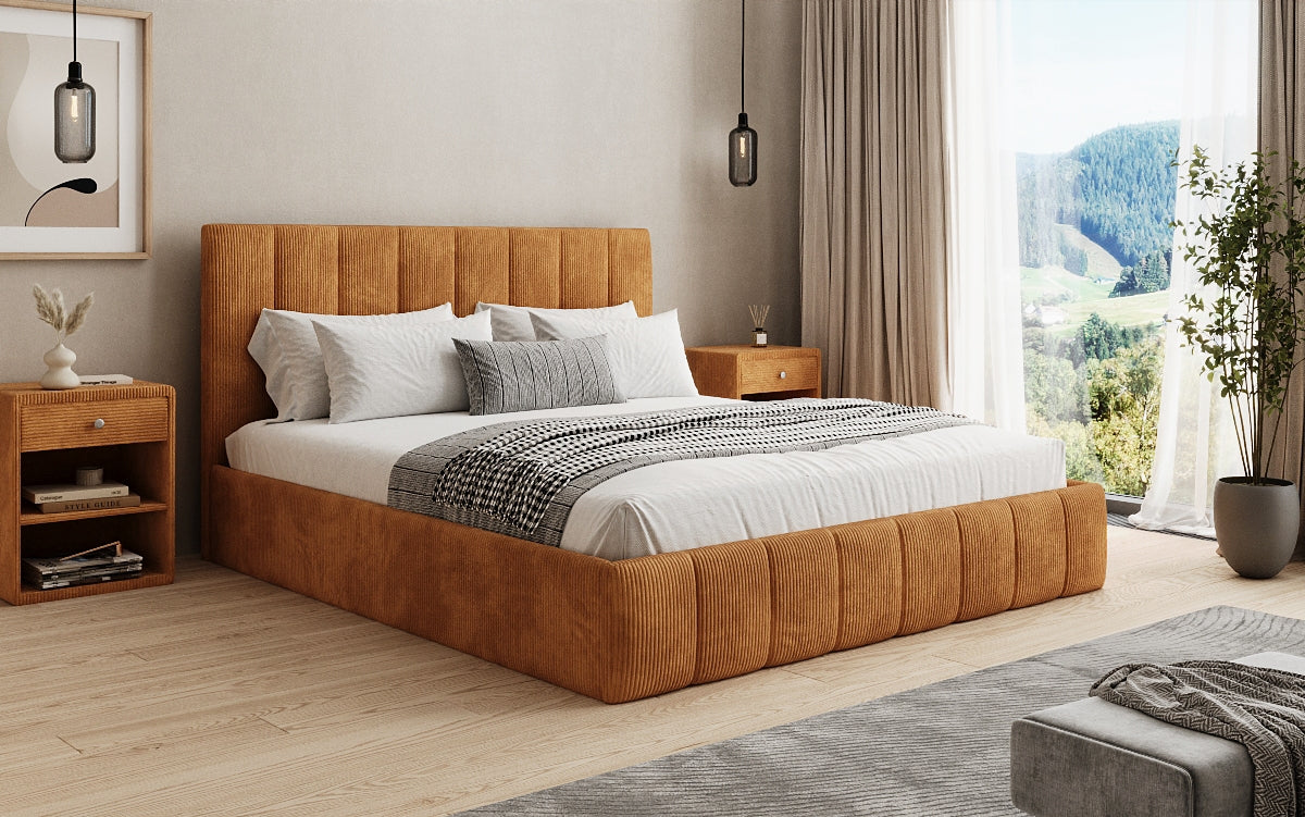 Designer Polsterbett Mila in Cord, 140×200 cm, Beige, 70 cm Kopfteil