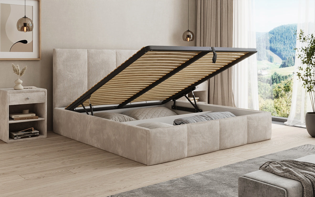 Mina Designer Polsterbett Cord – 140 × 200 cm, wählbare Kopfteilhöhe, Farben