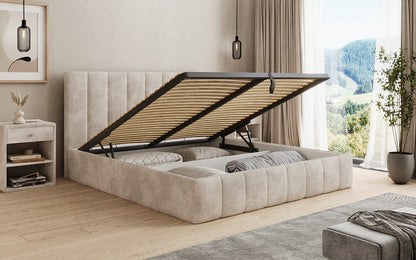 Designer Polsterbett Mila in Cord, 140×200 cm, Beige, 70 cm Kopfteil