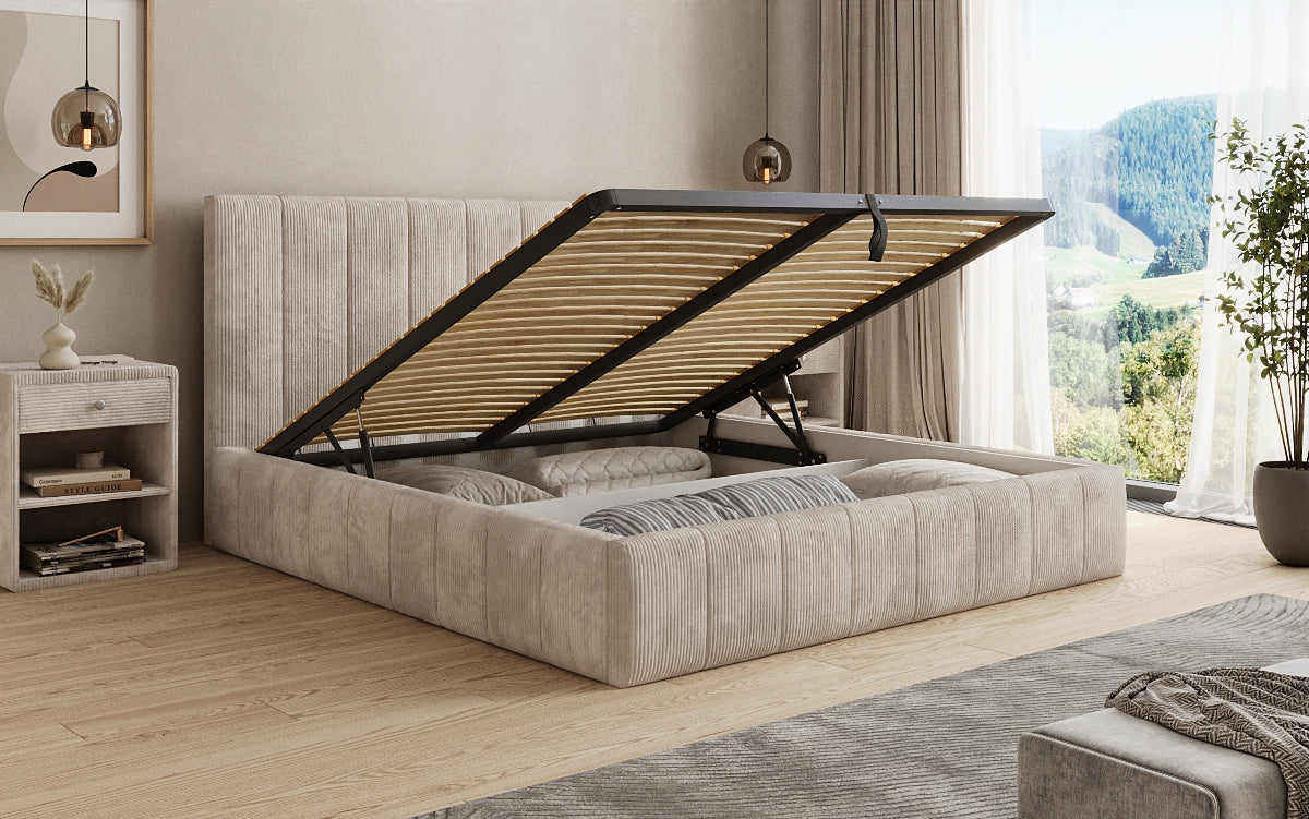 Designer Polsterbett Maja in Cord mit Stauraum