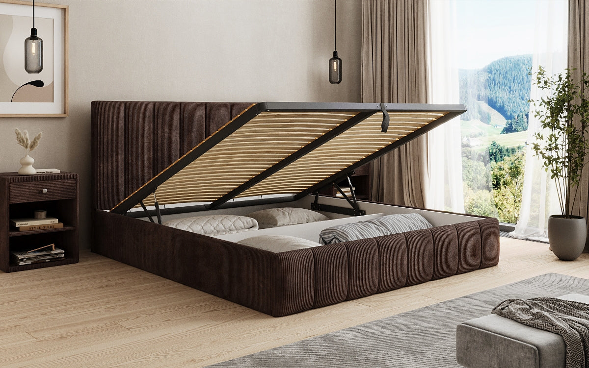 Designer Polsterbett Mila in Cord, 140×200 cm, Beige, 70 cm Kopfteil