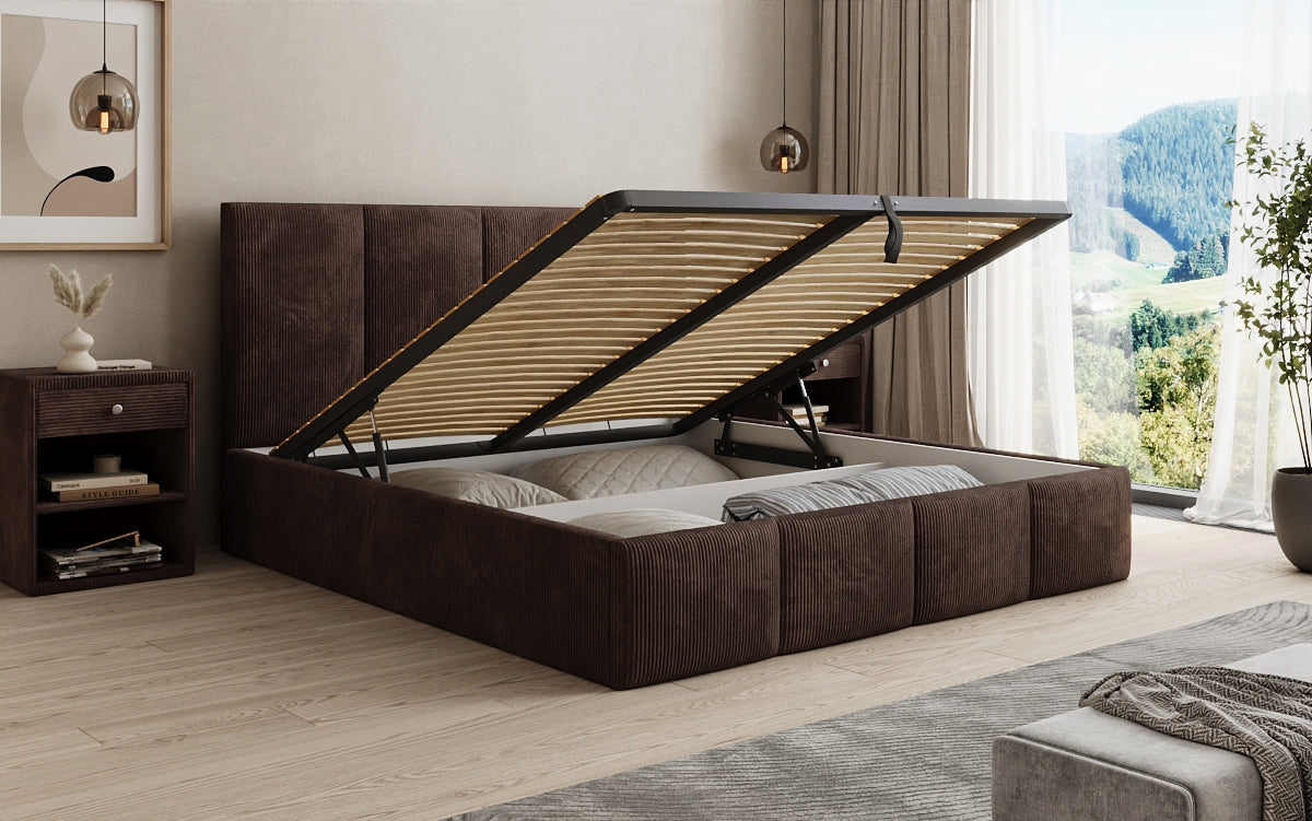 Mina Designer Polsterbett Cord – 140 × 200 cm, wählbare Kopfteilhöhe, Farben