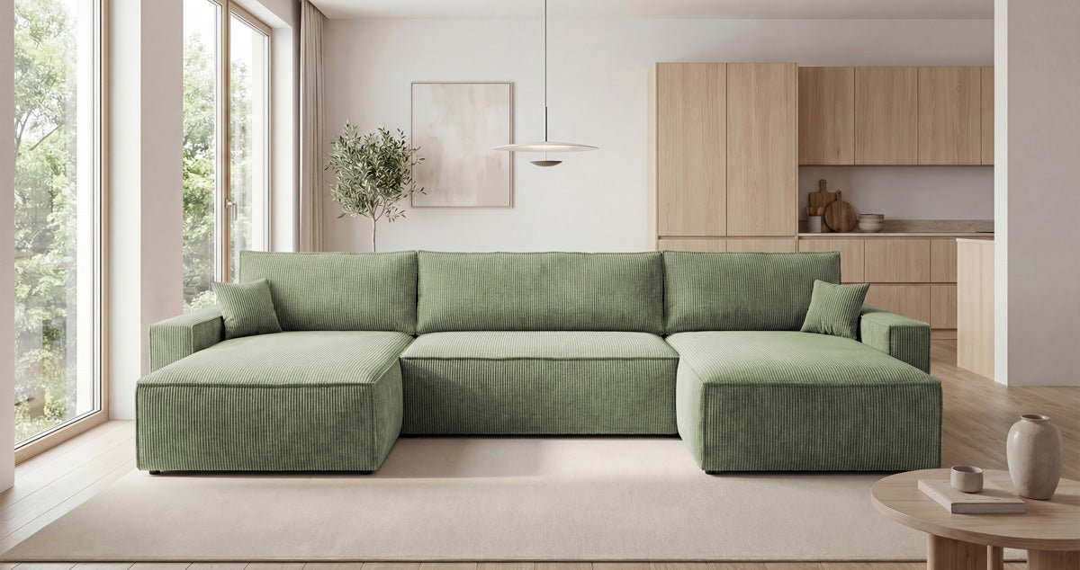 Luxusbetten24 Designer Sofa Vienna U Cord mit Schlaffunktion und Stauraum