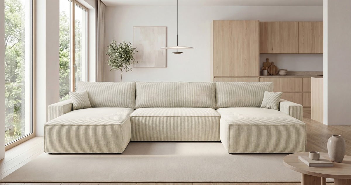 Luxusbetten24 Designer Sofa Vienna U Cord mit Schlaffunktion und Stauraum