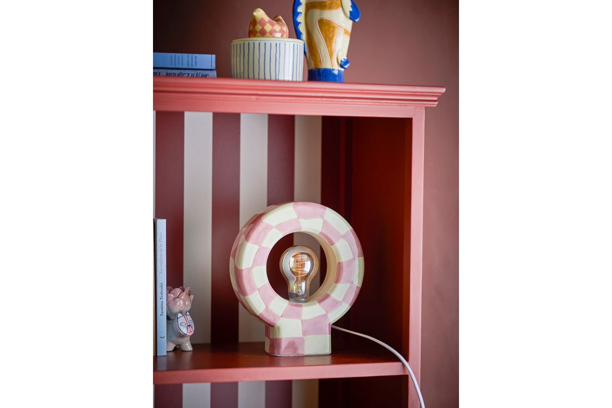 Luxusbetten24 Halligalli Tischlampe, Kariert Aus Steingut, Rosa/Gelb