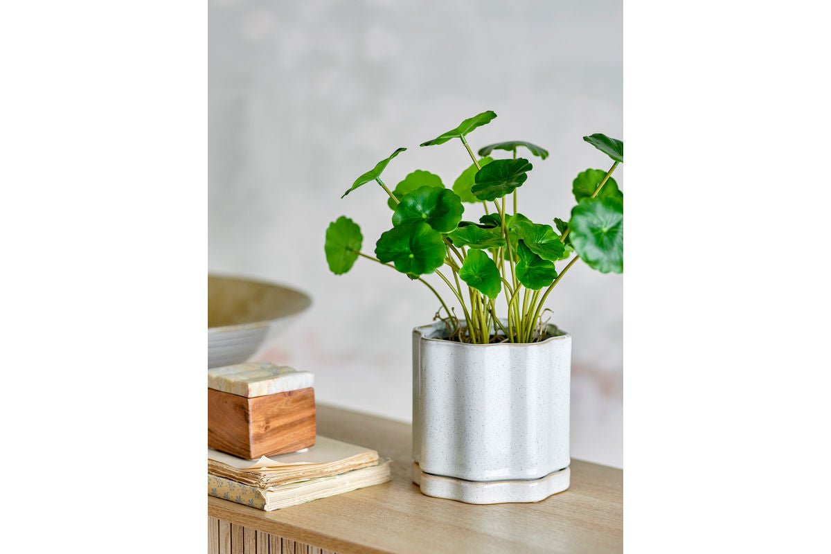 Blumentopf „Velora“ mit Unterteller – Graues Steingut
