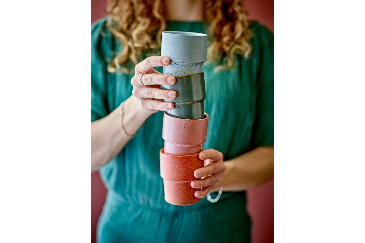 Marola Becher‑Set Buntes Steingut 4‑teilig Grün Blau Rot Rose