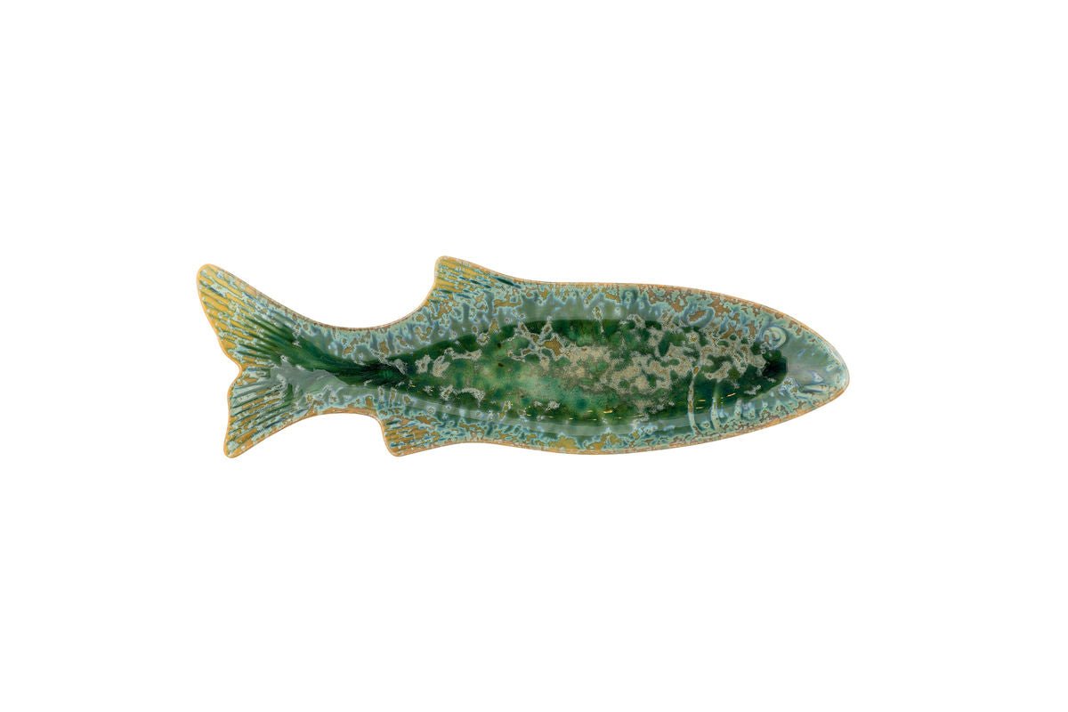 Luxusbetten24 Eirun Servierplatte aus Steingut Fischform Grün