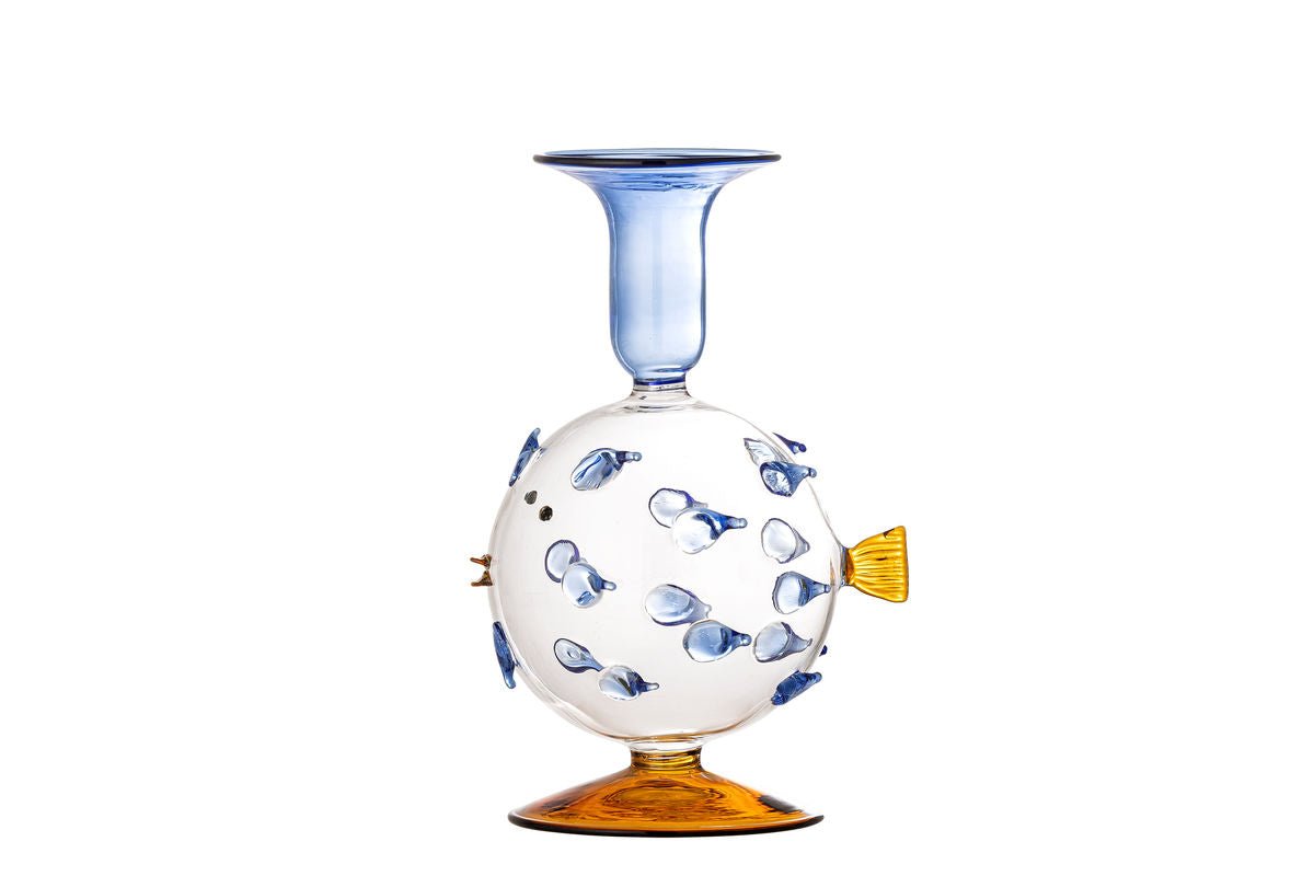 Kerzenhalter Fuad – Mundgeblasenes Glas in Blau & Bernstein