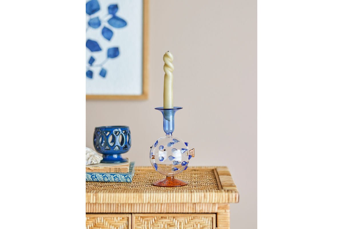 Kerzenhalter Fuad – Mundgeblasenes Glas in Blau & Bernstein