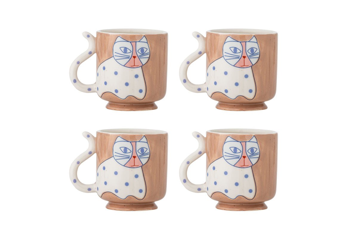Becher-Set Aldra – Katzenmotiv aus Steingut (4‑teilig)
