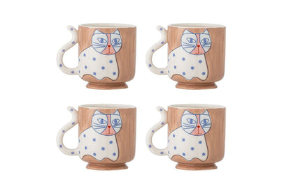 Becher-Set Aldra – Katzenmotiv aus Steingut (4‑teilig)